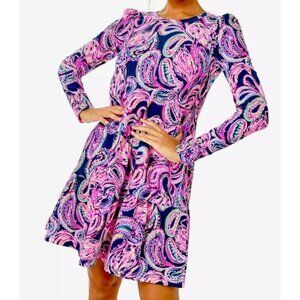 Lilly Pulitzer Arlette Swing Dress Long Sleeve Navy Pink Flamingo Paisley Size L